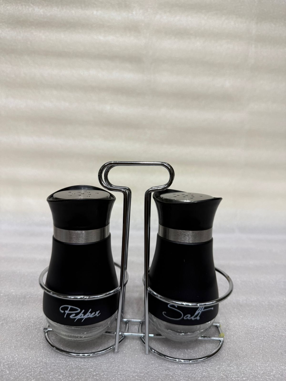 Labeled Matte Black Spice Jars with Stainless Steel Lids and Metal Caddy Stand