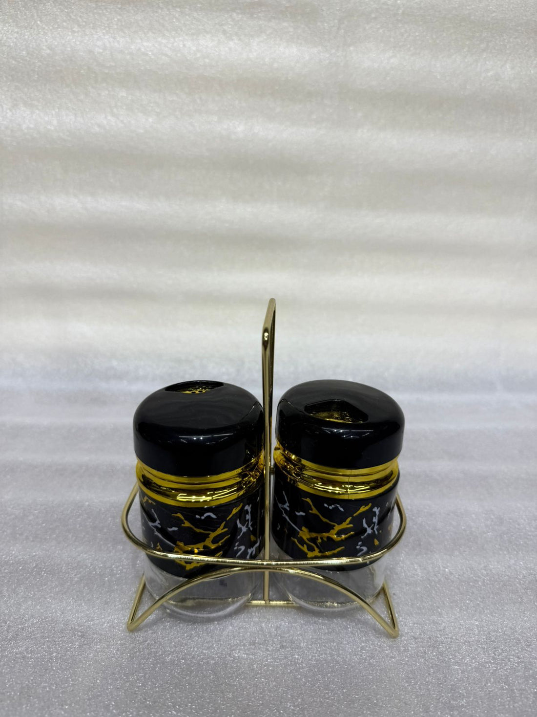 Elegant Gold Accented Cruet Set with Glass Window and Metal Carrying Rack for Kitchen Dining Table
