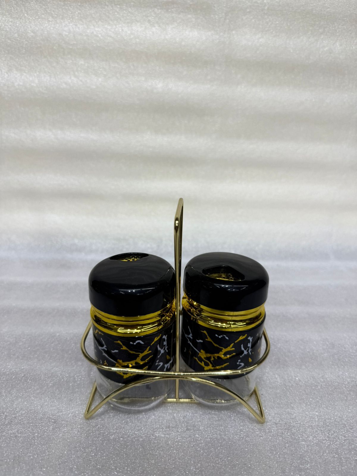 Elegant Gold Accented Cruet Set with Glass Window and Metal Carrying Rack for Kitchen Dining Table