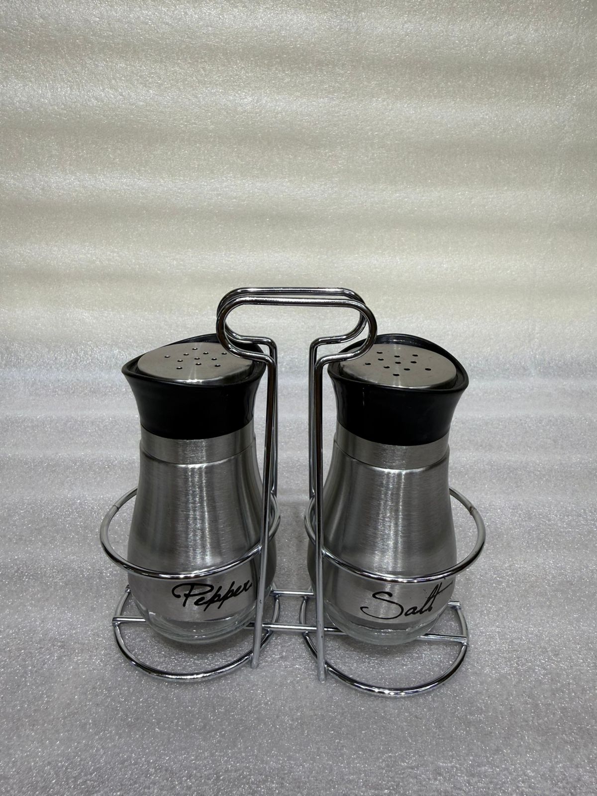 Contemporary Kitchen Table Cruet Set for Salt and Pepper with Chrome Carrying Rack