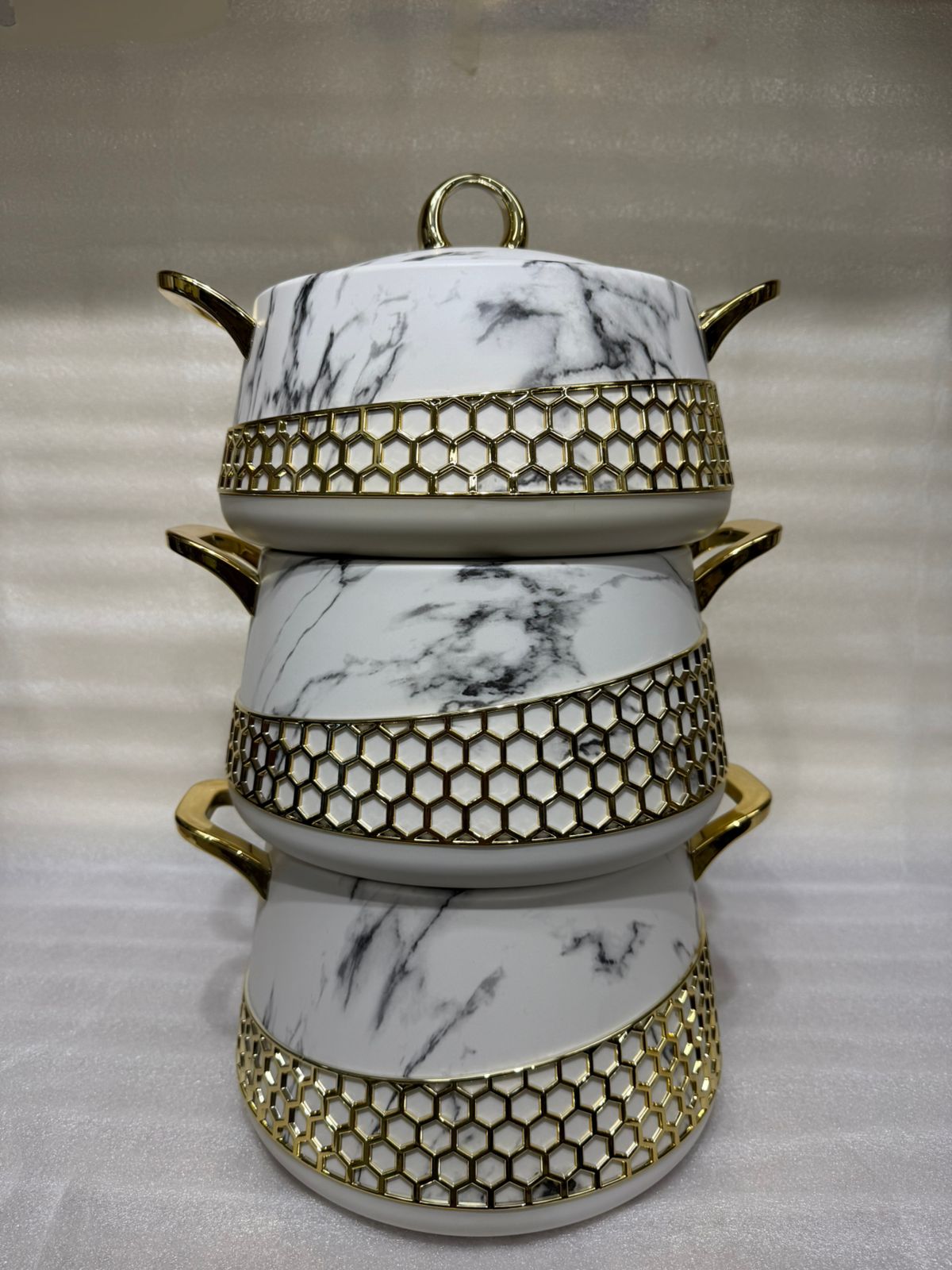Luxury 3-Piece White Marble Insulated Hotpot Set for Food Warmer |
