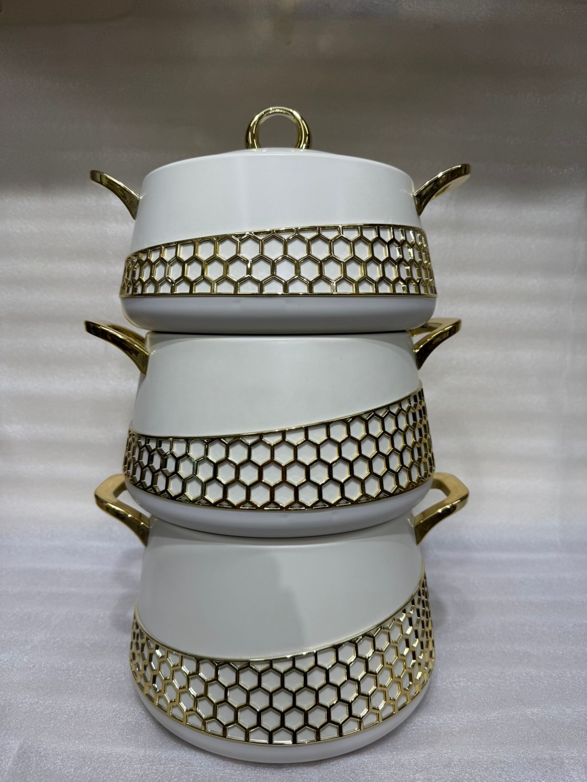 Premium 3-Piece Solid White & Gold Honeycomb Insulated Food Warmer Set