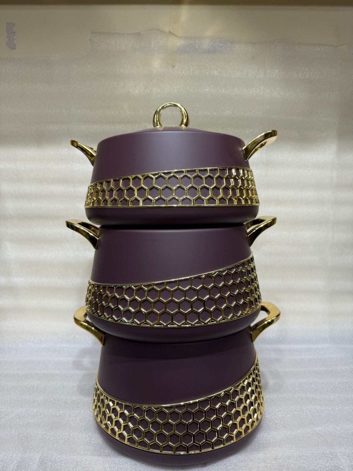 Premium 3-Piece Purple & Gold Honeycomb Insulated Food Warmer Set