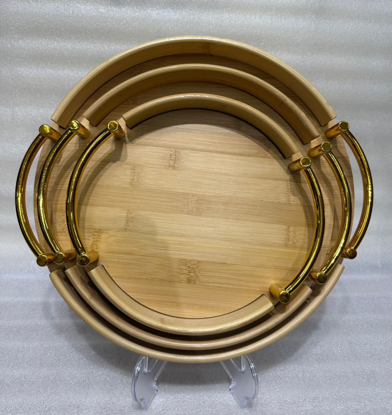 Eco-Friendly Bamboo Nesting Serving Platters with Polished Gold Metal Handles