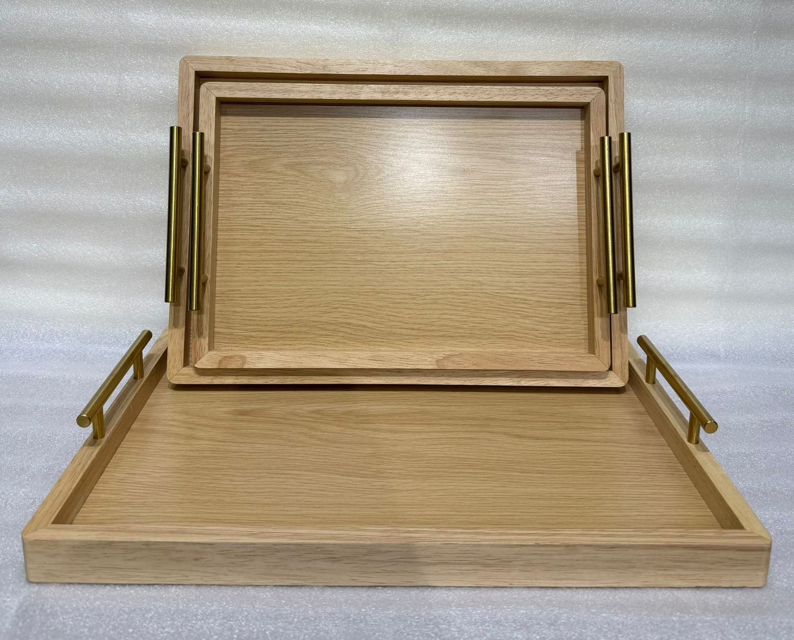 Rectangular Wooden Serving Trays Set with Gold Handles