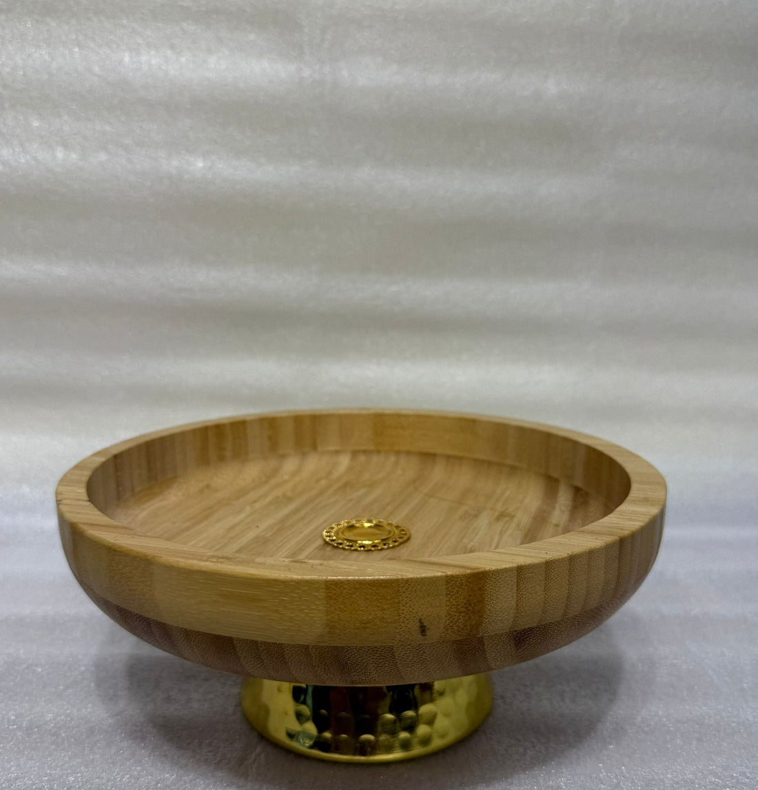 Round Bamboo Cake Stand and Fruit Bowl with Gold Pedestal Base