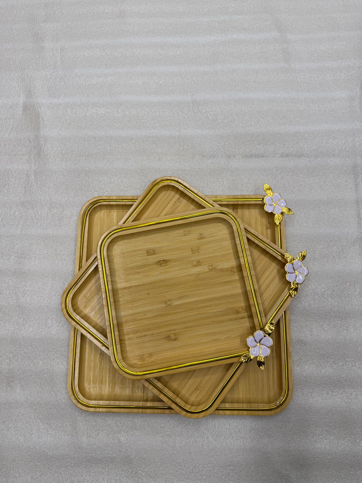 Square Bamboo Serving Trays Set of 3 with Gold Trim
