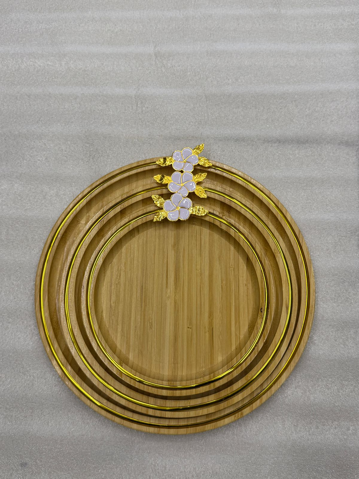 Round Bamboo Serving Trays Set of 3 with Gold Trim