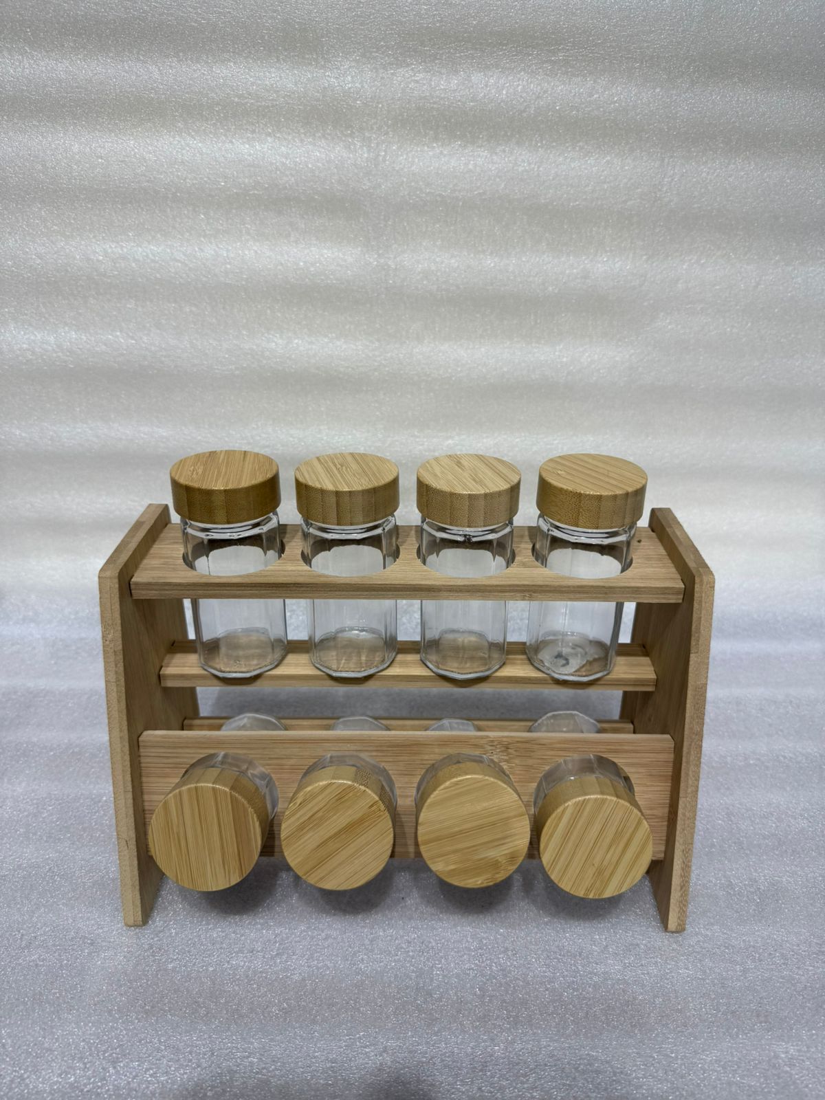 2-Tier Wooden Countertop Seasoning Holder Set with Bamboo Lids for Kitchen Storage