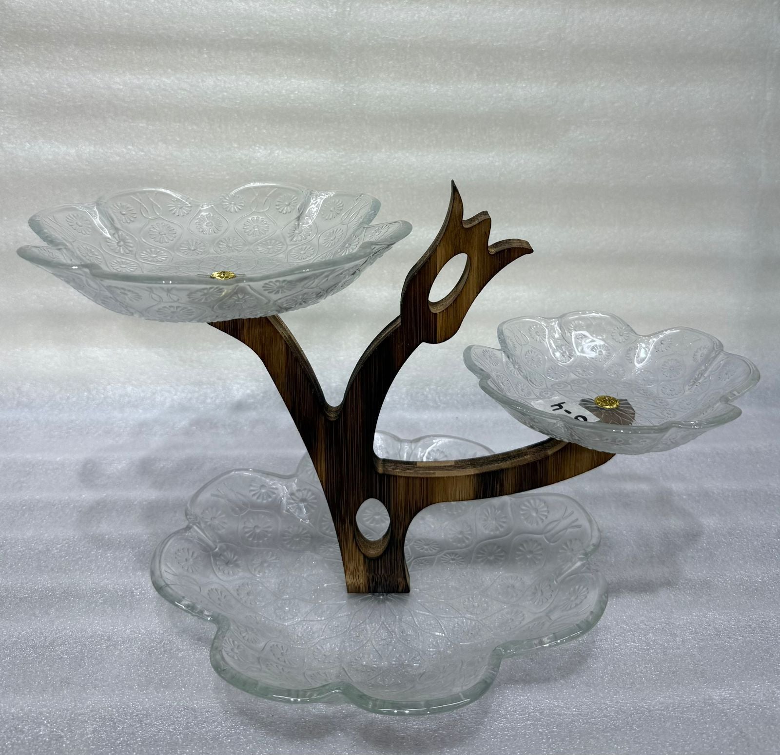 Elegant Flower Glass 3-Tiered Server with Tree Wooden Stand