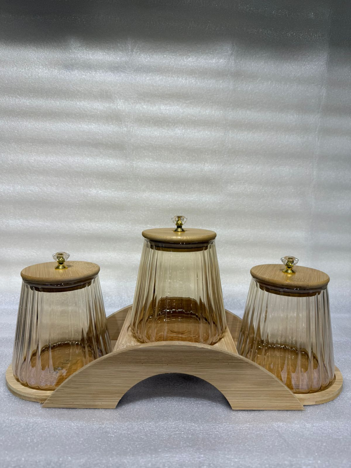 3-Piece Amber Glass Jar Set with Wooden Bridge Base