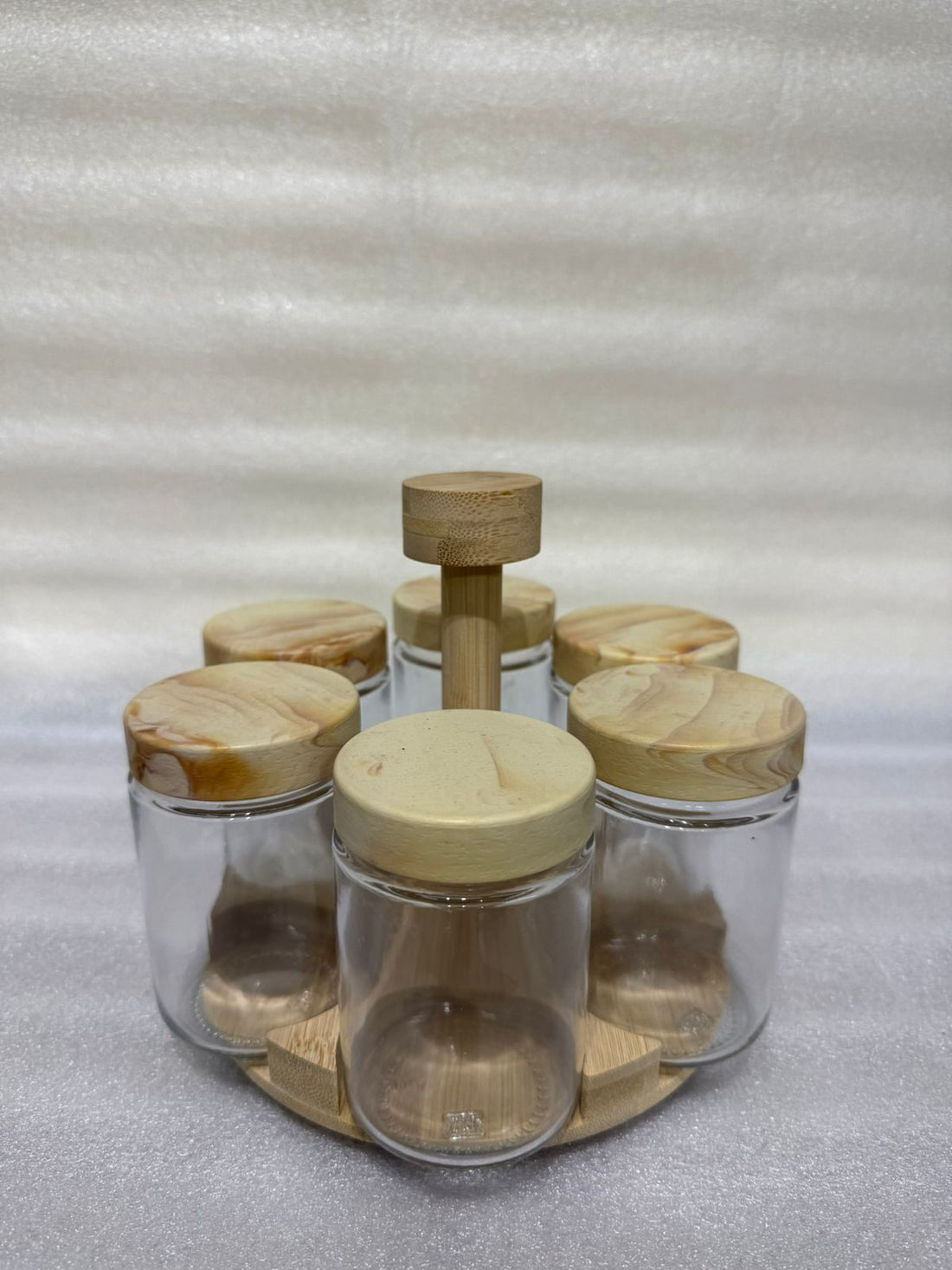 Rotating Wooden Lazy Susan Seasoning Holder Set with Wooden Lids for Kitchen Countertop Storage