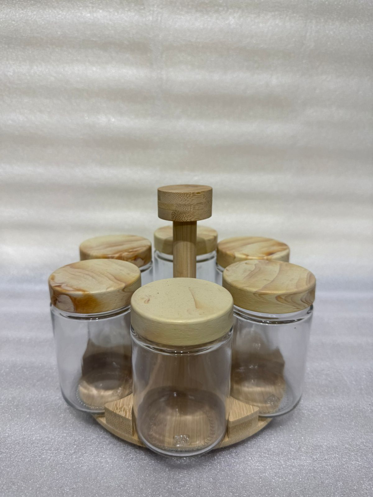 Rotating Wooden Lazy Susan Seasoning Holder Set with Wooden Lids for Kitchen Countertop Storage