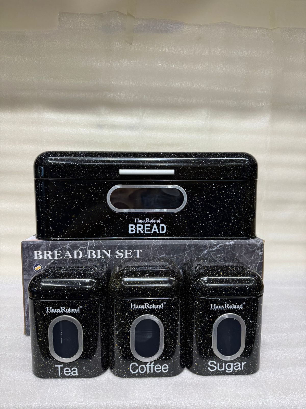 Black Speckled Granite Bread Box with 3 Matching Canisters for Tea, Coffee, Sugar
