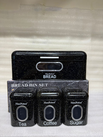 Black Speckled Granite Bread Box with 3 Matching Canisters for Tea, Coffee, Sugar