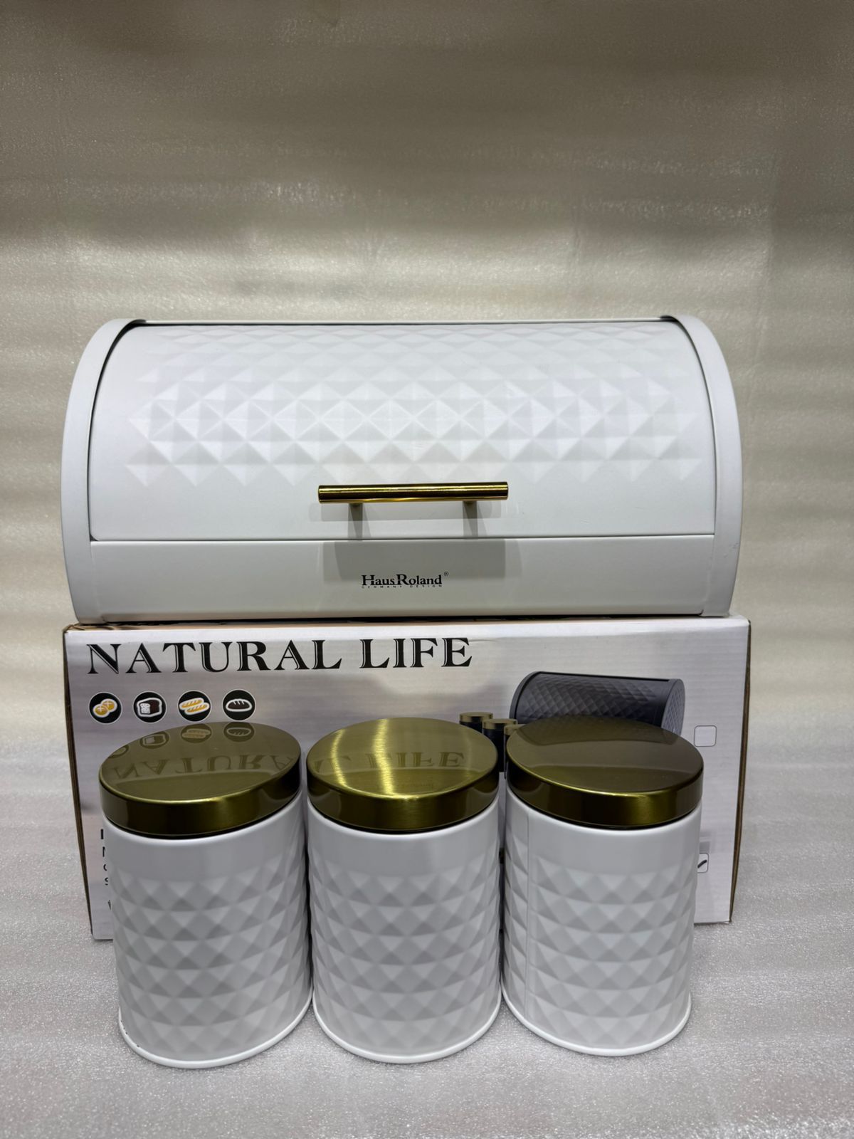 White Diamond Textured Roll Top Bread Box & 3 Matching Tea Coffee Sugar Canisters with Gold Lids