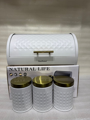 White Diamond Textured Roll Top Bread Box & 3 Matching Tea Coffee Sugar Canisters with Gold Lids