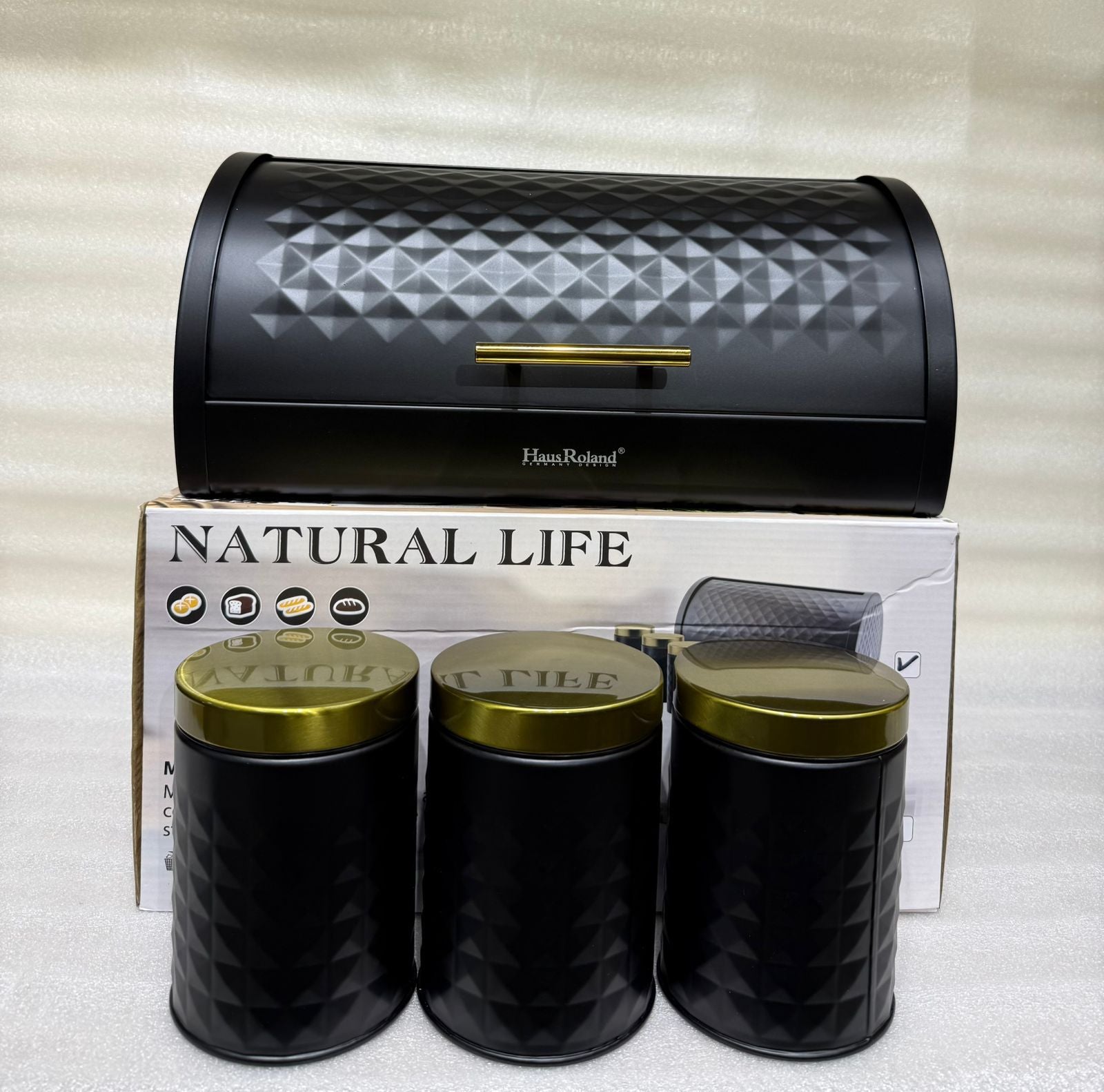 Matte Black Diamond Textured Roll Top Bread Box & 3 Matching Tea Coffee Sugar Canisters with Gold Lids