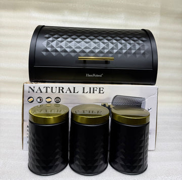 Matte Black Diamond Textured Roll Top Bread Box & 3 Matching Tea Coffee Sugar Canisters with Gold Lids