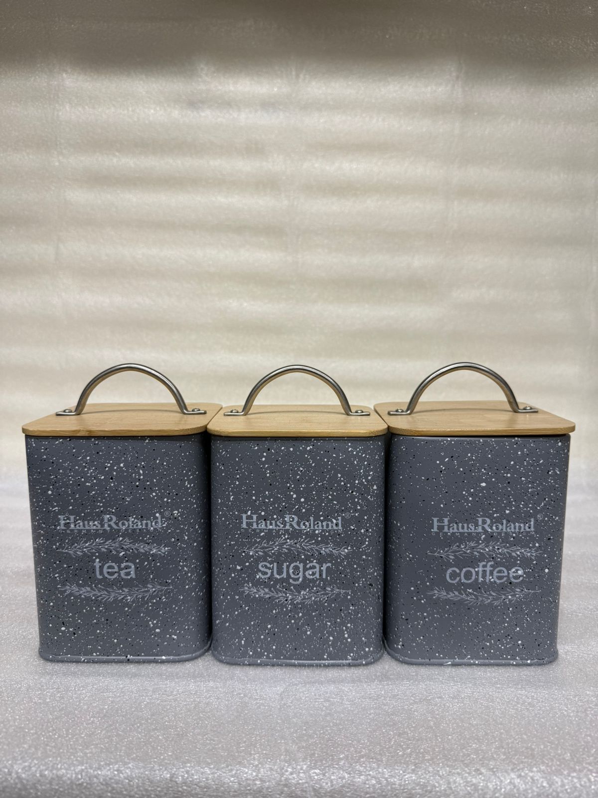 Haus Roland Grey Speckled Canister Set with Wood Lids & Handles