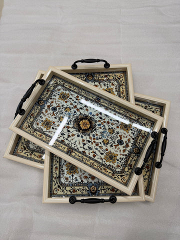 3-Piece Light Wood Style Nested Trays with Glass Top & Black Handles