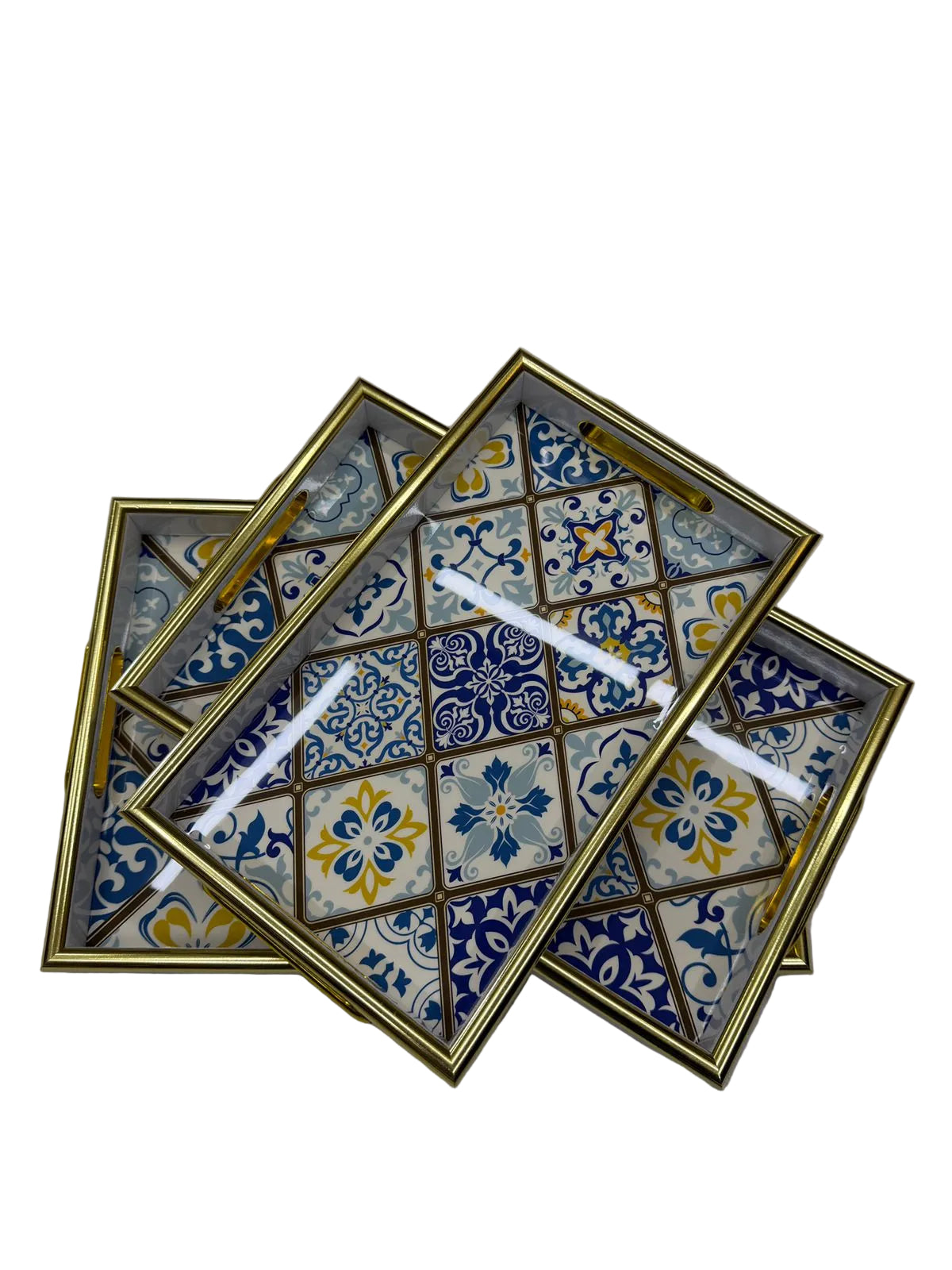 Premium 3-Piece Gold Framed Moroccan Tile Serving Tray Set