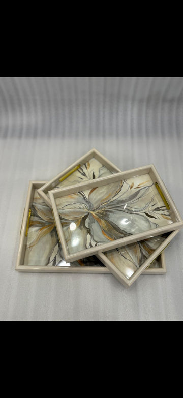 Premium 3-Piece Ivory Abstract Floral Serving Tray Set