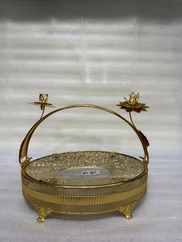 Round Glass Centerpiece Tray with Ornate Floral Filigree