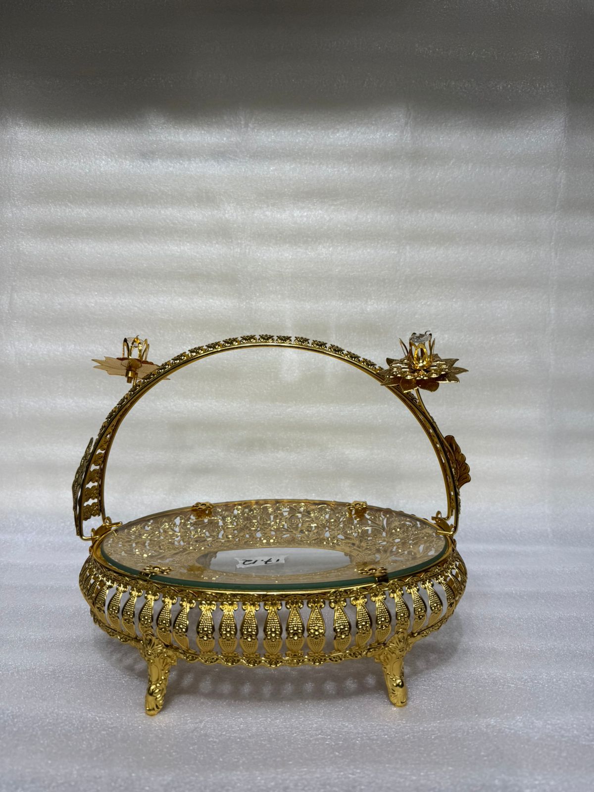 Round Glass Centerpiece Tray with Ornate Cage Filigree Base
