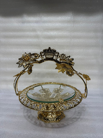 Luxury Gold Pedestal Serving Platter with Crown Handle