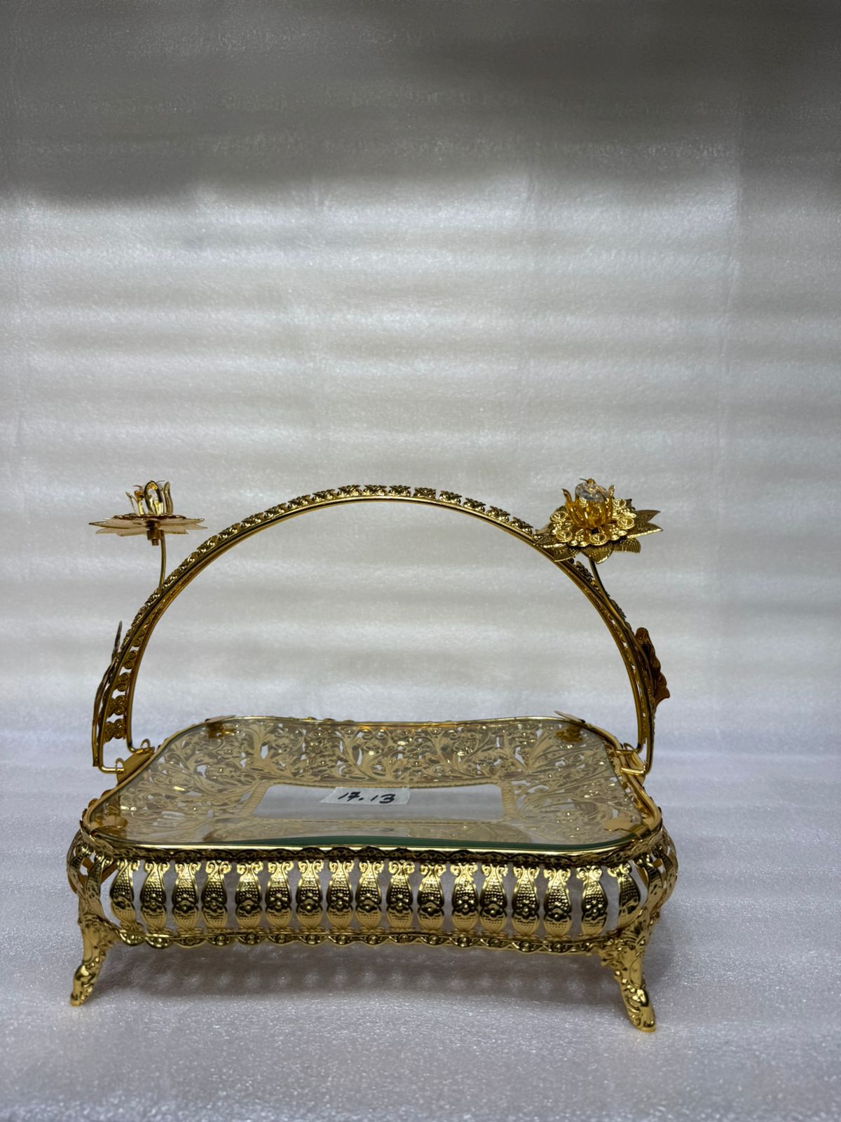 Rectangular Glass Centerpiece Tray with Ornate Cage Filigree