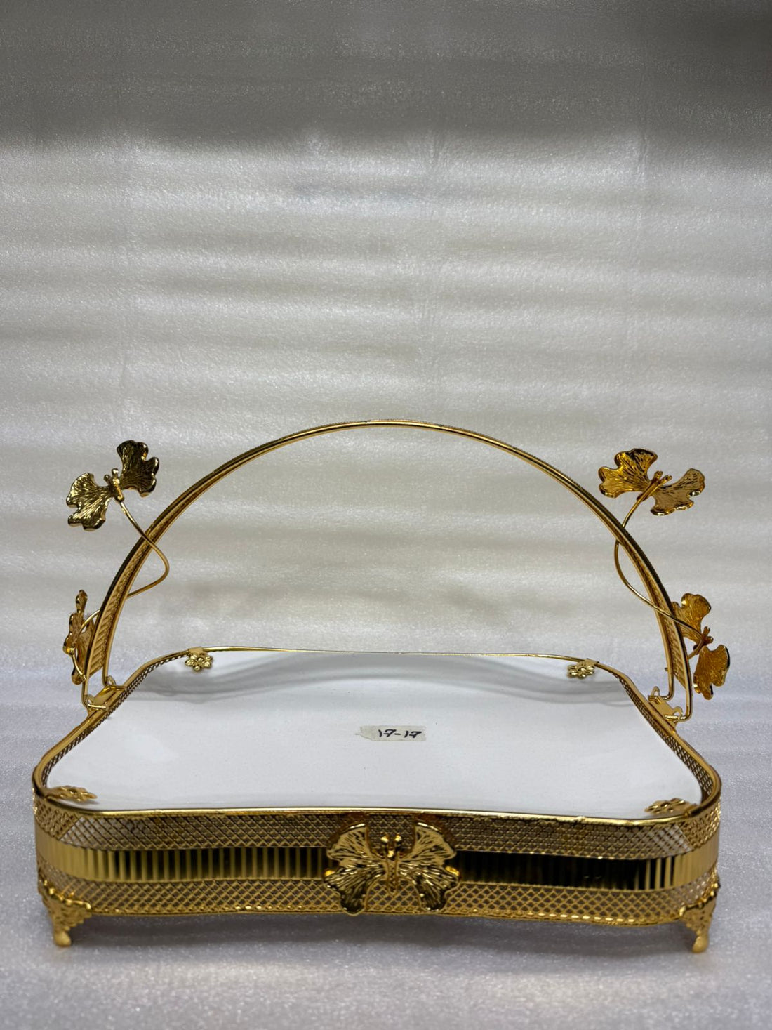 Luxury Footed Basket Tray with Butterfly Accent Arch Handle