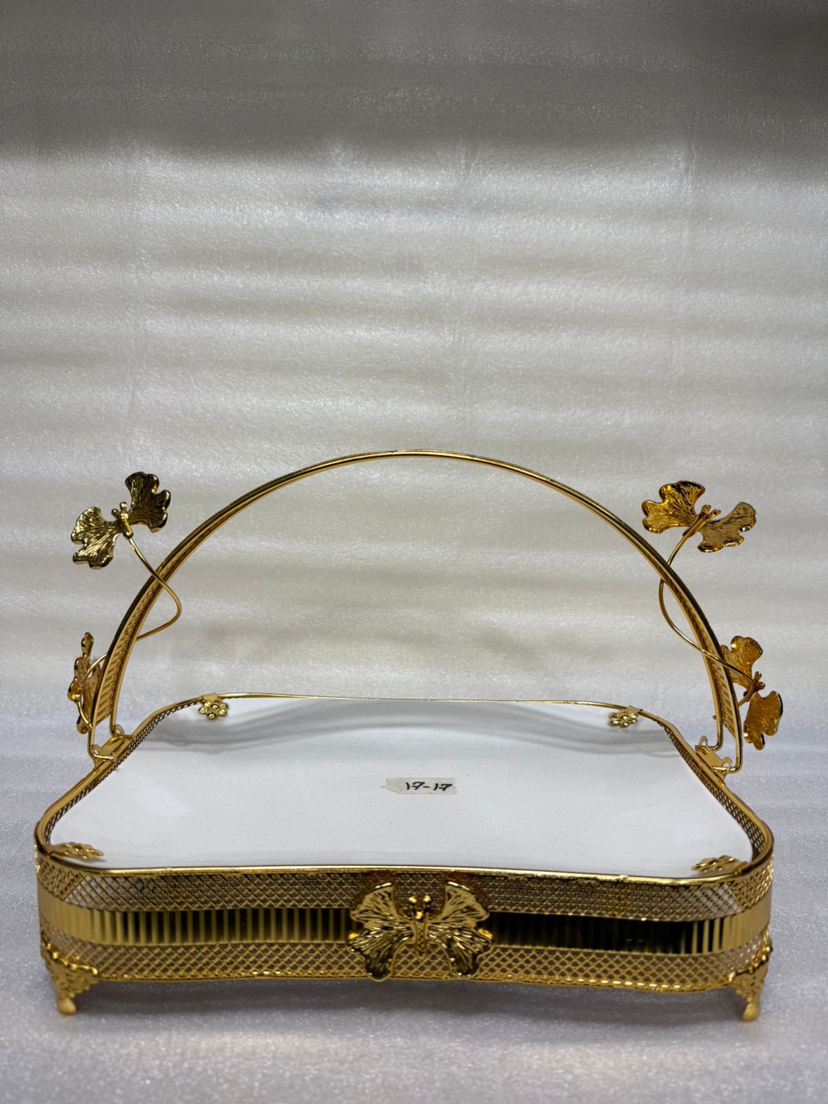 Luxury Footed Basket Tray with Butterfly Accent Arch Handle