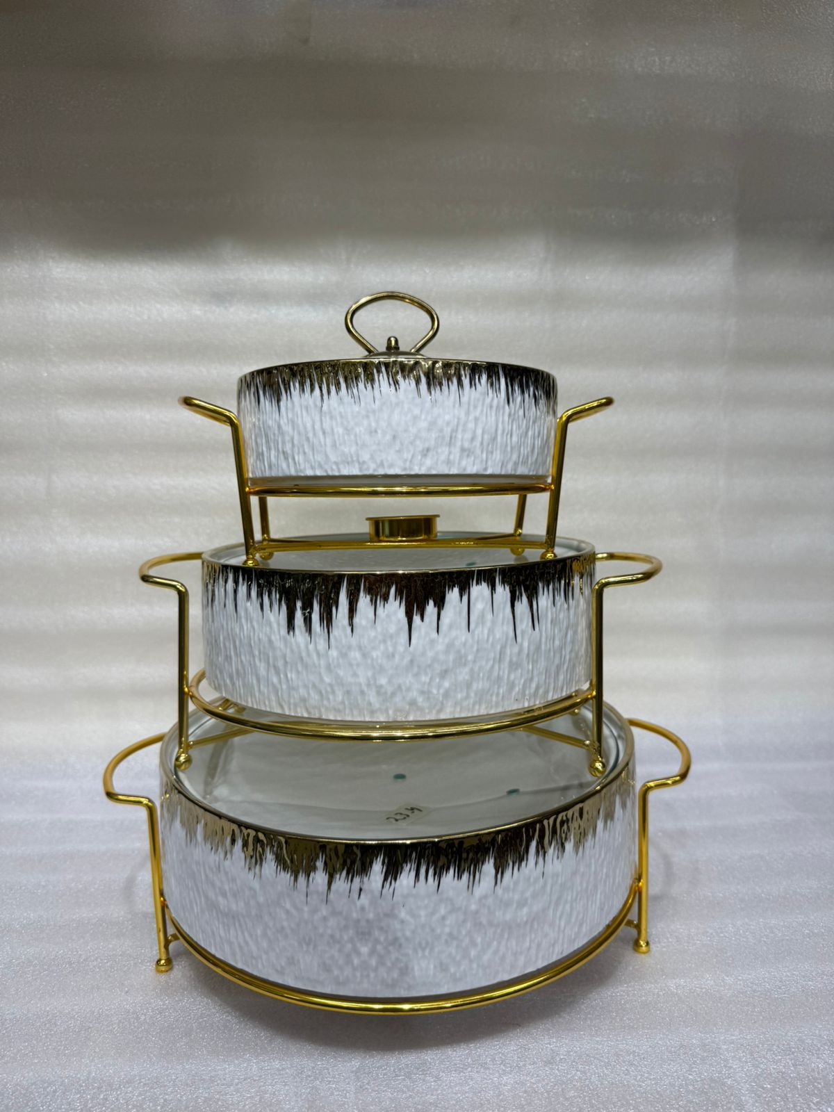 Luxury 3-Piece White & Gold Textured Ceramic Buffet Warmer Set