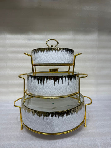 Luxury 3-Piece White & Gold Textured Ceramic Buffet Warmer Set
