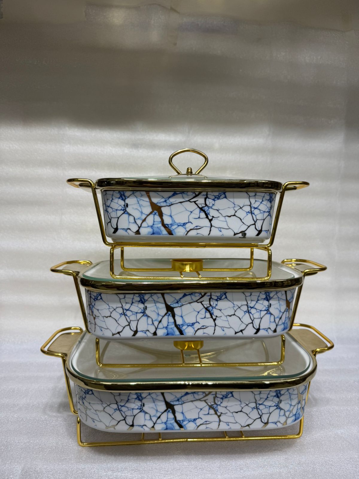 Luxury 3-Piece Blue & Gold Marble Ceramic Buffet Warmer Set