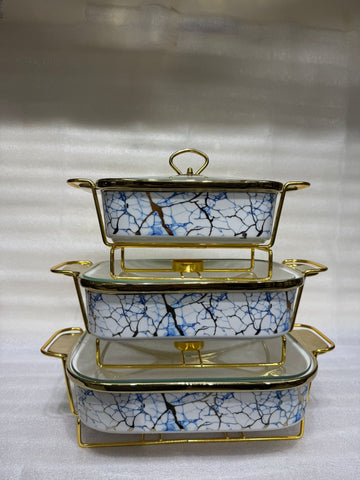 Luxury 3-Piece Blue & Gold Marble Ceramic Buffet Warmer Set