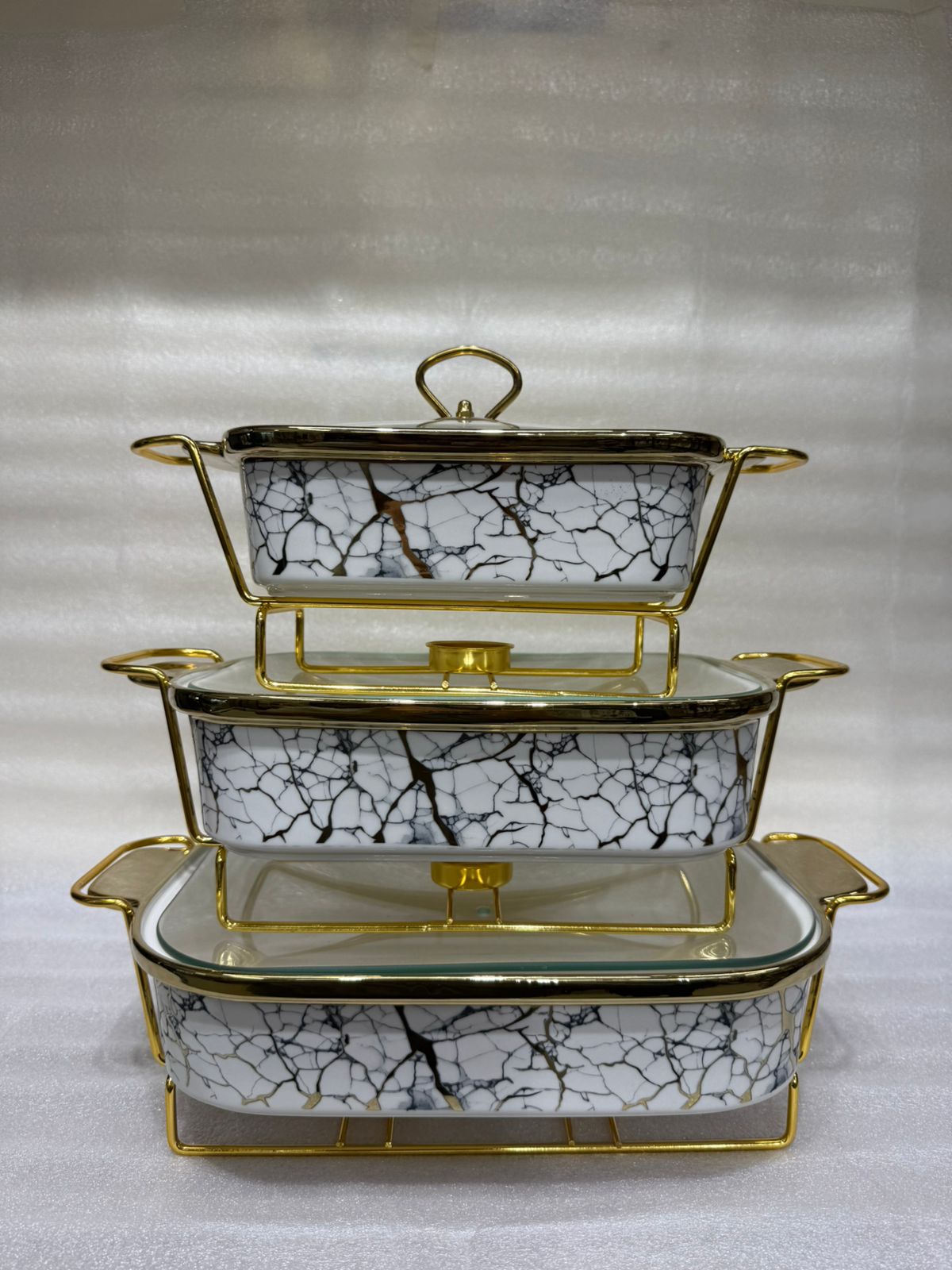 Luxury 3-Piece Black & Gold Marble Ceramic Buffet Warmer Set