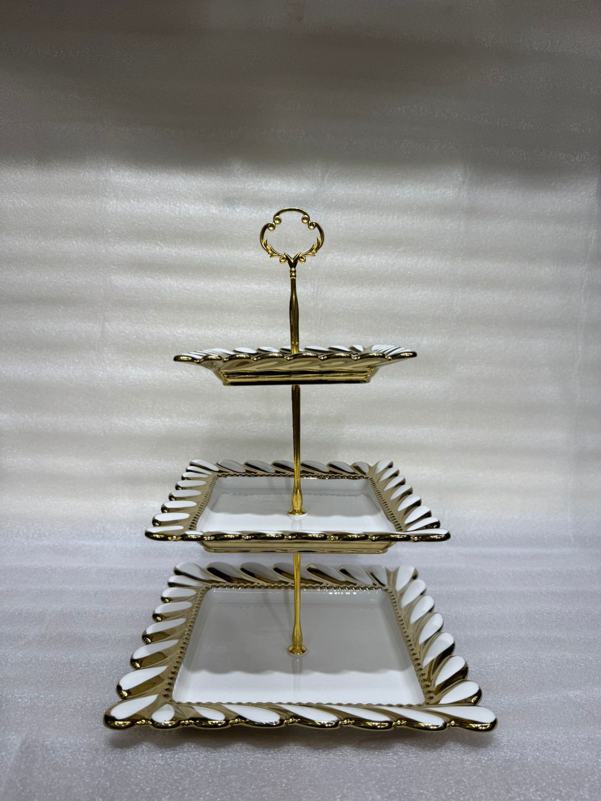 Luxury Ornate Gold Plated 3-Tiered Square Ceramic Dessert Stand
