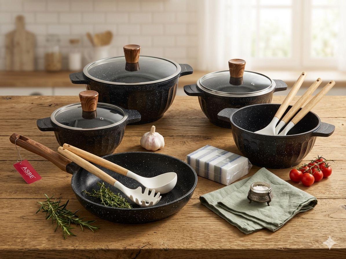Luxury 15-Piece Speckled Black Granite Non-Stick Cookware Set