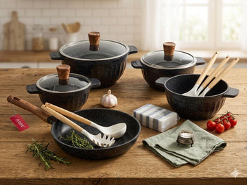 Luxury 15-Piece Speckled Black Granite Non-Stick Cookware Set