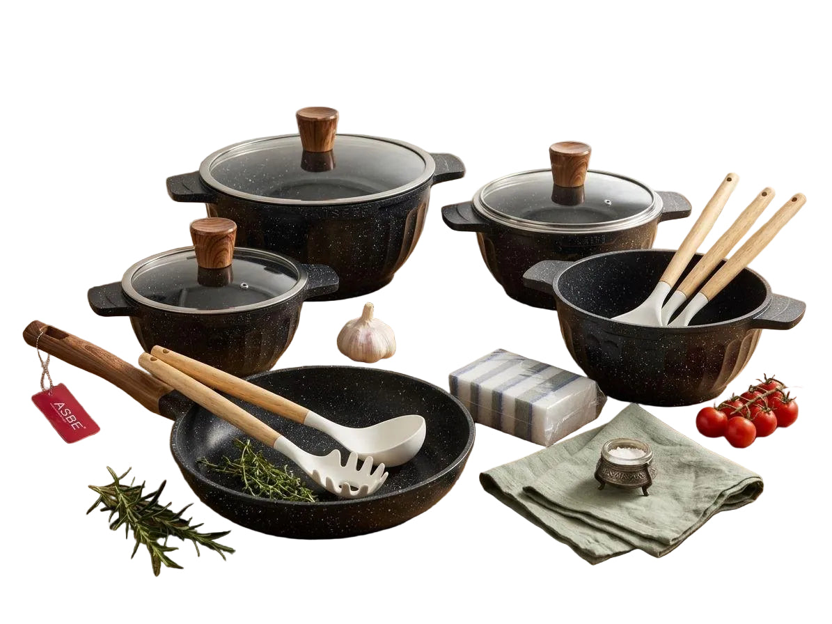 Luxury 15-Piece Speckled Black Granite Non-Stick Cookware Set
