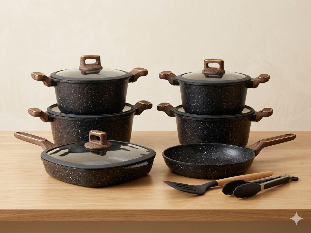 Luxury Speckled Black Granite Non-Stick Cookware Set with Wood-Texture Handles