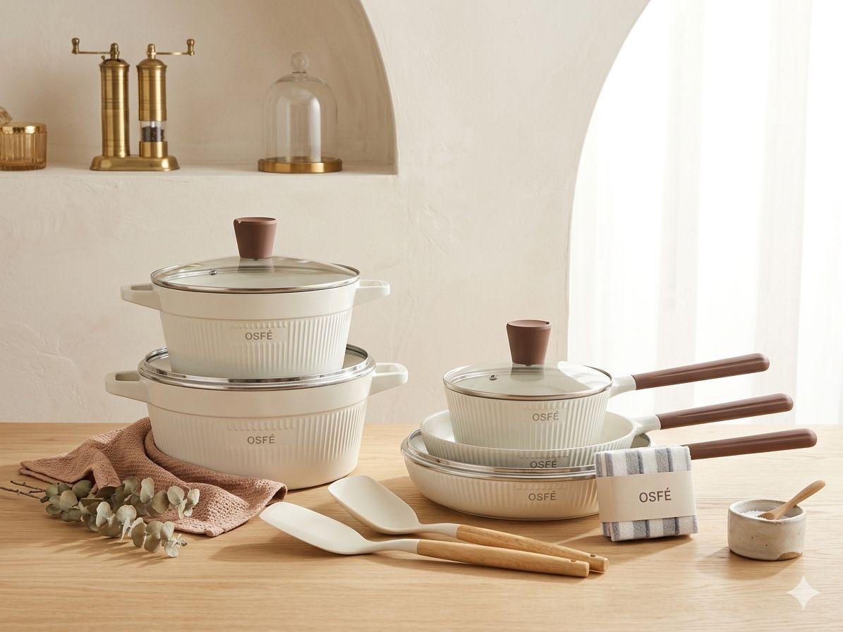 Luxury Ribbed White Non-Stick Cookware Set with Brown Handles