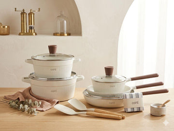 Luxury Ribbed White Non-Stick Cookware Set with Brown Handles