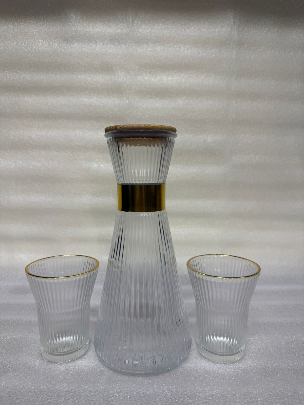 7-Piece Ribbed Glass Water Pitcher and Tumbler Set with Gold Rim