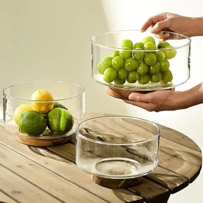 Wooden Base Glass Fruit Bowl – Elegant & Modern Kitchen Décor