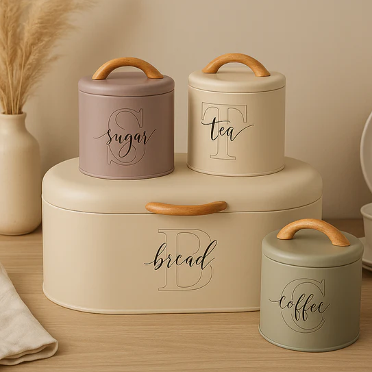 Italian Style 4pcs Stylish Bread, Tea, Sugar & Coffee Airtight Tin Canisters Set By FR Households