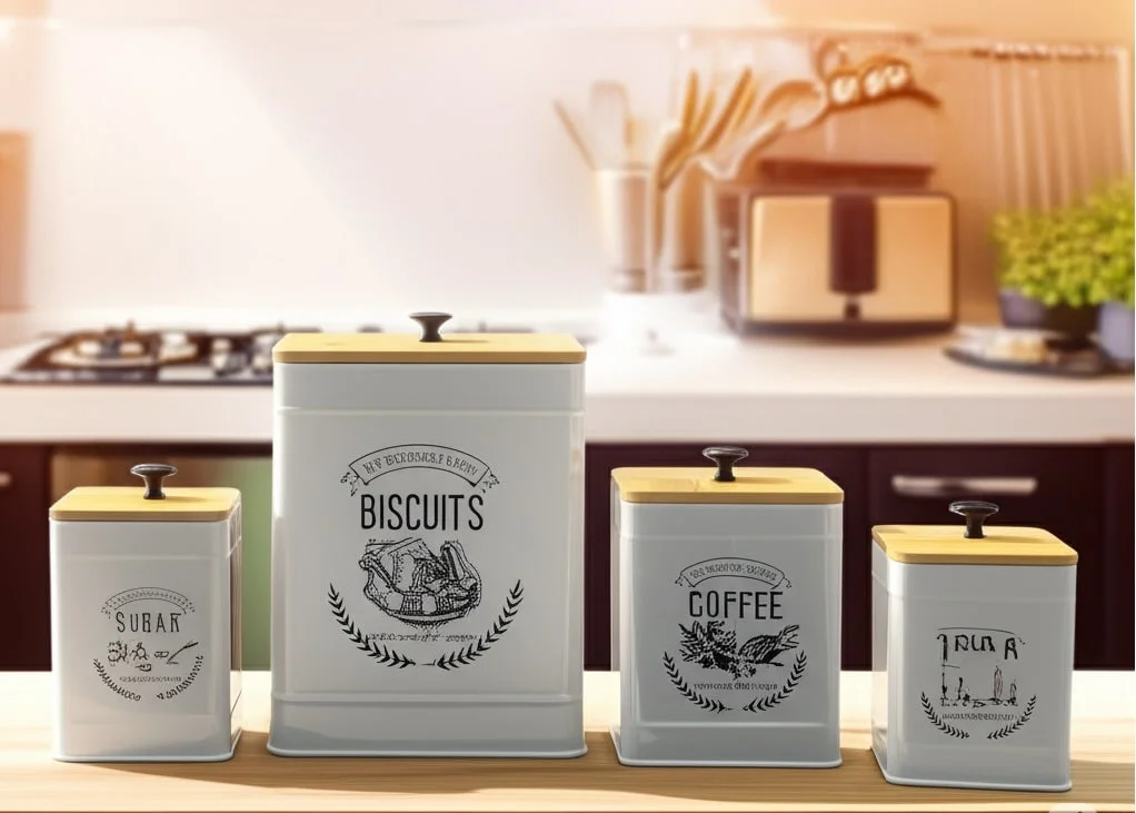 4-Piece Tin Storage Boxes with Real Bamboo Lid