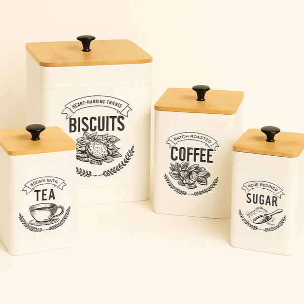 4-Piece Tin Storage Boxes with Real Bamboo Lid